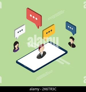People in chat on mobile phone or smartphone on message app, dialogue with speech bubbles. Cellphone online messaging concept, social media. Icon set Stock Vector
