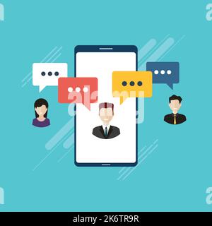 People in chat on mobile phone or smartphone on message app, dialogue with speech bubbles. Cellphone online messaging concept, social media. Icon set Stock Vector