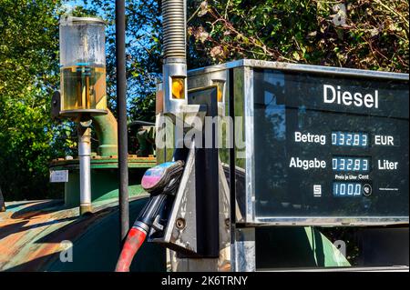 Old diesel pump, price one EUR, Kempten, Allgaeu, Bavaria, Germany Stock Photo