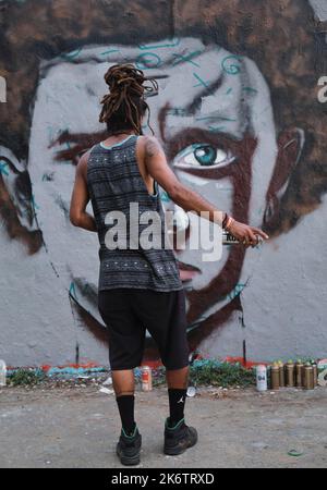 Germany, Berlin, 25. 07. 2021, Mauerpark, graffiti wall, graffiti artist Eme Freethinker, rough draft of a child's face Stock Photo