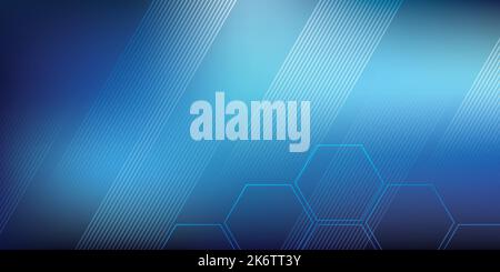 Blue vector background with hexagon shapes and parallel lines. Technology, science, communication and business background. Stock Vector
