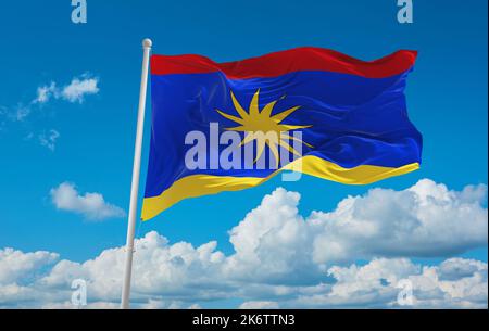 flag of Daco-Romance peoples Serbian Vlachs at cloudy sky background, panoramic view. flag representing ethnic group or culture, regional authorities. Stock Photo