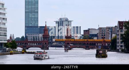 Spree with Oberbaum Bridge and Treptowers high-rise, Berlin, Germany Stock Photo