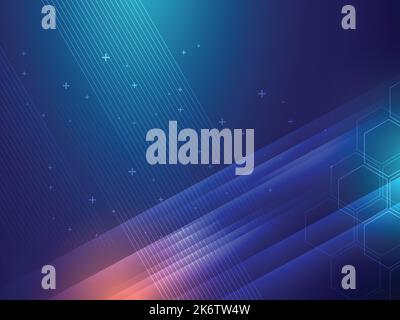 Blue elegant abstract background with parallel lines, overlapping colorful transparent shapes, futuristic effect in science and technology. Stock Vector