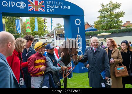 Ascot, Berkshire, UK. 15th October, 2022. Horse Bayside Boy ridden by jockey Tom Marquand wins the Queen Elizabeth II Stakes (Class 1) (Sponsored by QIPCO) (Group 1) (British Champions Mile). Trainer Roger Varian, Newmarket. Owners Teme Valley and Ballylinch Stud. Breeder Ballylinch Stud2. Sponsor Varian Stable Ltd. Credit: Maureen McLean/Alamy Live News Stock Photo