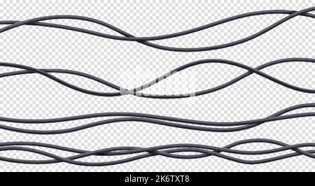 Realistic cables set, black flexible electrical wires with plastic braid isolated on white background. Power or network line, connection and telecommu Stock Vector