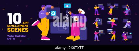 Scenes of mobile and web app development with people developers with laptops programming application, computer software, digital interfaces, vector fl Stock Vector