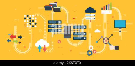 Network server of computers and business intelligence.Database security system. Backup data traffic analysis. Big Data and cloud computing banner conc Stock Vector