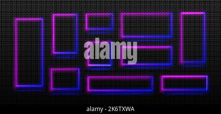 Rectangle neon light frames, empty blue and pink banners isolated on transparent background. Collage of night club or casino electric signboards with Stock Vector