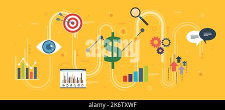 Growth chart, startup sucess and money profit. Business, growth, chart and finance icons. Startup and sucess growth internet banner concept in flat de Stock Vector