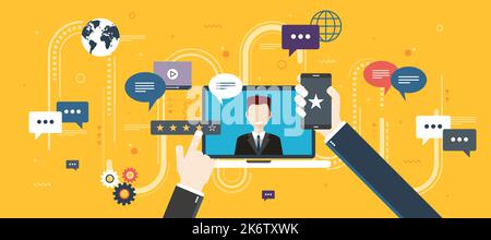 Evaluation of online support, contract service or purchase product. Customer testimonials, vote and feedback, rating and liked. Concept of technology Stock Vector