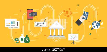 Banking and finance, economy, investment and payment. Online payment, credit card, check, bitcoin or cryptocurrency. Internet banner concept in flat d Stock Vector