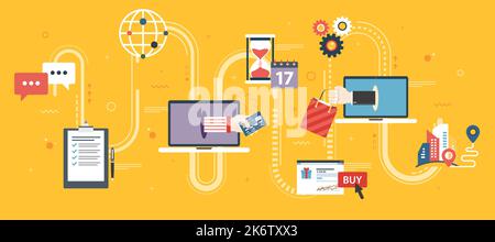 Store, online shopping and e-commerce. Buy, sale, payment and delivery of product. E-commerce, online shopping, credit card, laptop, support and deliv Stock Vector