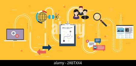 Marketing strategy, advertising and business. Team work, communication and business icons. Marketing strategy and advertising internet banner concept Stock Vector