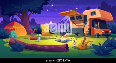 Camping site with trailer, tent and burning bonfire in night forest glade. Cartoon vector illustration of colorful natural landscape with tourism acce Stock Vector