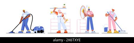 Set of flat characters cleaning home. Vector illustration of happy men and women vacuuming, mopping floor, dusting furniture, washing and wiping mirro Stock Vector