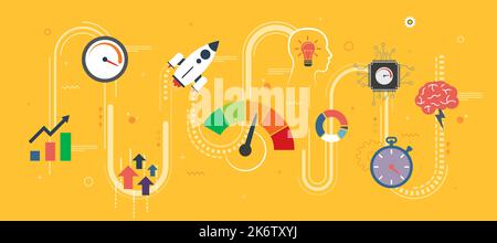 Performance and efficiency, growth in business and speed for success in startup or new business. Increase in finance. Internet banner concept in flat Stock Vector
