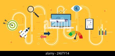 Vector icon of search engine optimization in new business, performance and efficiency, strategy and innovation, investment and sucess. Flat design for Stock Vector