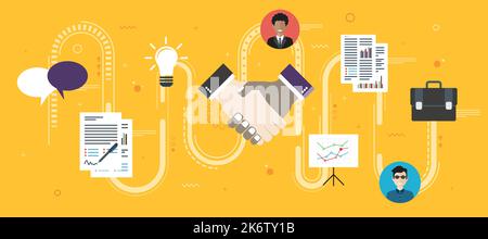 Cooperation strategy and handshake in contract agreement signature. Negotiation, teamwork and collaboration in business .Internet website banner conce Stock Vector