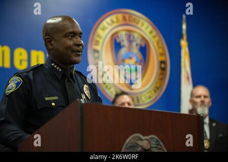 Stockton, USA. 15th Oct, 2022. Stockton Police Chief Stanley McFadden addresses media on a suspect arrested related to a string of killings in Stockton and Oakland, during a press conference in Stockton, California, USA, on October 15, 2022. (Photo by Rahul Lal/Sipa USA) Credit: Sipa USA/Alamy Live News Stock Photo