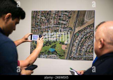 Stockton, USA. 15th Oct, 2022. A map of where suspect Wesley Brownlee, 43, was caught, during a press conference in Stockton, California, USA, on October 15, 2022. Brownlee was arrested by Stockton police in relation to a series of killings in the area and Oakland. (Photo by Rahul Lal/Sipa USA) Credit: Sipa USA/Alamy Live News Stock Photo