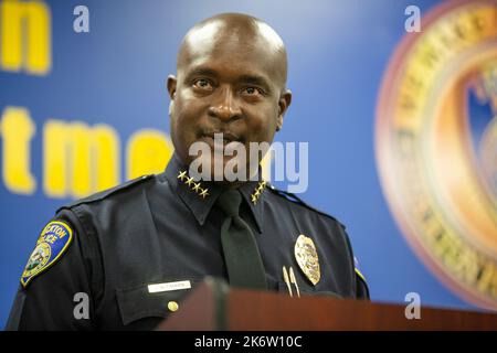 Stockton, USA. 15th Oct, 2022. Stockton Police Chief Stanley McFadden addresses media on a suspect arrested related to a string of killings in Stockton and Oakland, during a press conference in Stockton, California, USA, on October 15, 2022. (Photo by Rahul Lal/Sipa USA) Credit: Sipa USA/Alamy Live News Stock Photo