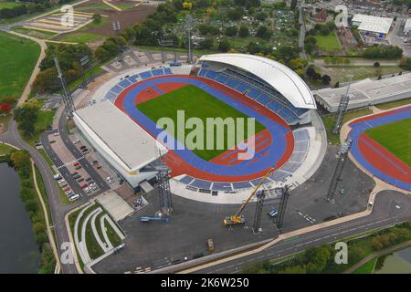 A general overall aerial view of the track at Alexander Stadium, Monday, Oct. 3, 2022, in Birmingham, United Kingdom. Stock Photo