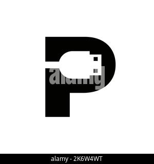 Initial Letter P USB Symbol Design. Computer Connection USB Cable Icon Vector Stock Vector