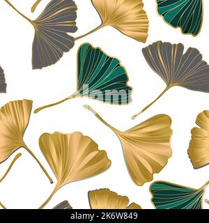 Vector banner of ginkgo biloba leaf. ink line art design. seamless Pattern. Stock Vector