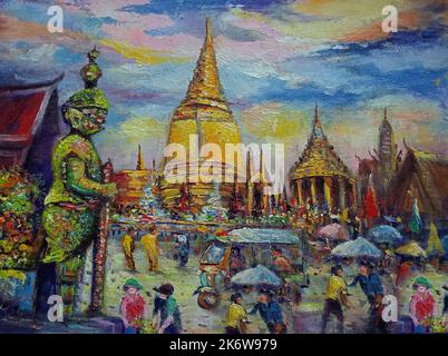 art oil painting Grand Palace bangkok Thailand , Wat phra keaw Stock Photo