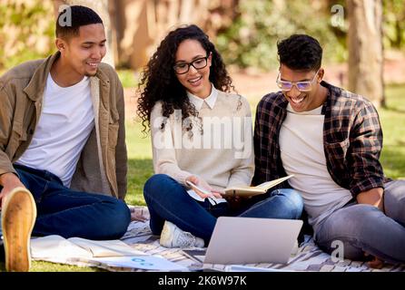 Friends from college. a group of students studying together while sitting on the grass outside. Stock Photo