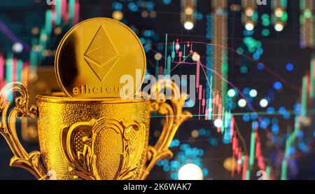 ETH coin with blurred candlestick chart in the background. Ethereum is a decentralized, open-source blockchain with smart contract. Stock Photo