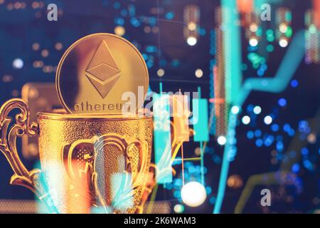 ETH coin with blurred candlestick chart in the background. Ethereum is a decentralized, open-source blockchain with smart contract. Stock Photo