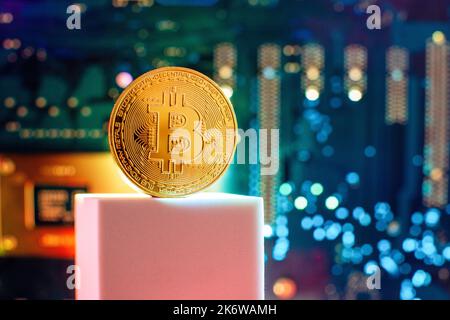 Bitcoin cryptocurrency new version on computer electronic circuit board background . Virtual cryptocurrency money Bitcoin golden Stock Photo