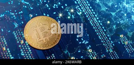 Bitcoin cryptocurrency new version on computer electronic circuit board background . Virtual cryptocurrency money Bitcoin golden Stock Photo