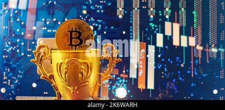Bitcoins - the new modern currency for bitcoin payments ,  Golden Bitcoin Cryptocurrency on computer circuit board. Stock Photo