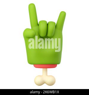 3d zombie hand in plastic cartoon style. Rock fingers gesture. Green monster Halloween character palm with bone. High quality isolated render Stock Photo