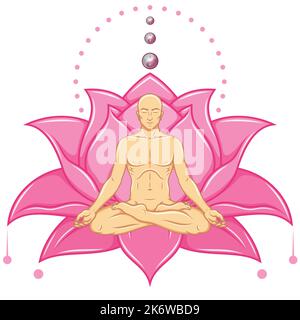 Vector design of Man Meditating in lotus position, man doing yoga and lotus flower in background Stock Vector