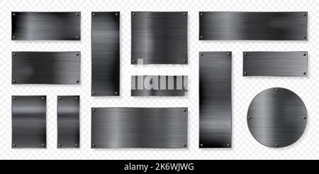 Realistic black metal banners collection. Brushed steel or aluminium plate, panel with screws. Polished metal surface. Old grunge texture with Stock Vector