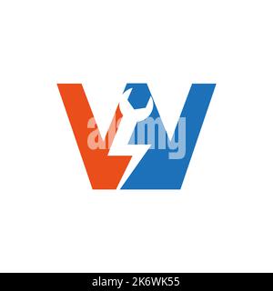 Initial Letter W Repair Wrench And Volt Power Logo Design For Repair, Electrical Sign Vector Template Stock Vector