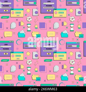 Vaporwave UI and UX elements seamless pattern. PC retro game frame. Nostalgic style 70s, 80s, 90s. Stock Vector