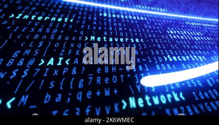 Binary code with artificial intelligence, block chain, internet, metaverse, network and security text highlighting and light lines connecting. Tech ba Stock Photo