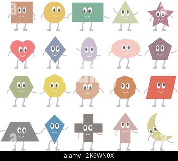 Cartoon geometric shapes collection for kids to learn basic math education with smiley face character illustration for kindergarten, preschool and Mon Stock Vector