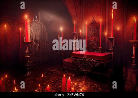 A gothic interior of a vampire castle of Transylvania, lit by candles and featuring an altar for satanic rites and human sacrifices. 3D illustration Stock Photo