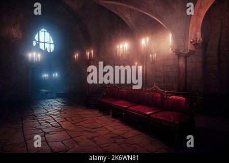 Ancient vampire castle for games background. A gothic interior hall of a vampire castle of Transylvania, lit by candles. 3D illustration and Halloween Stock Photo
