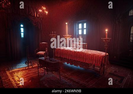 Gothic setting inside of an ancient vampire castle of Transylvania for games as a background. There are candles for satanic rituals and sacrifices of Stock Photo