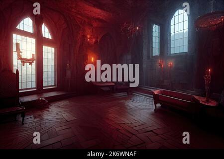 An antique vampire castle is set in an elegant Victorian living room for adventure games. Castle of Dracula vampire of Transylvania. 3D illustration Stock Photo