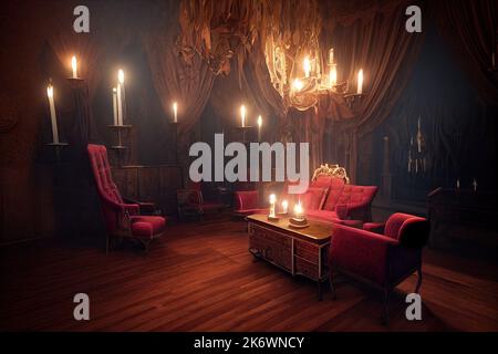 Gothic atmosphere inside of an ancient vampire castle living room with table, sofa and lounge chairs by candlesticks. 3D illustration and adventure Stock Photo
