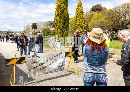 Millthorpe historic village town in New South Wales, Orange motorcycle club event show for classic and cafe racer motorcycles,NSW,Australia woman Stock Photo