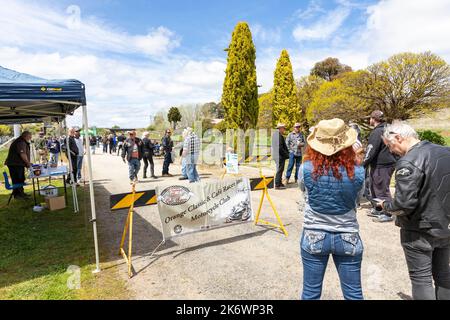 Millthorpe historic village town in New South Wales, Orange motorcycle club event show for classic and cafe racer motorcycles,NSW,Australia woman Stock Photo